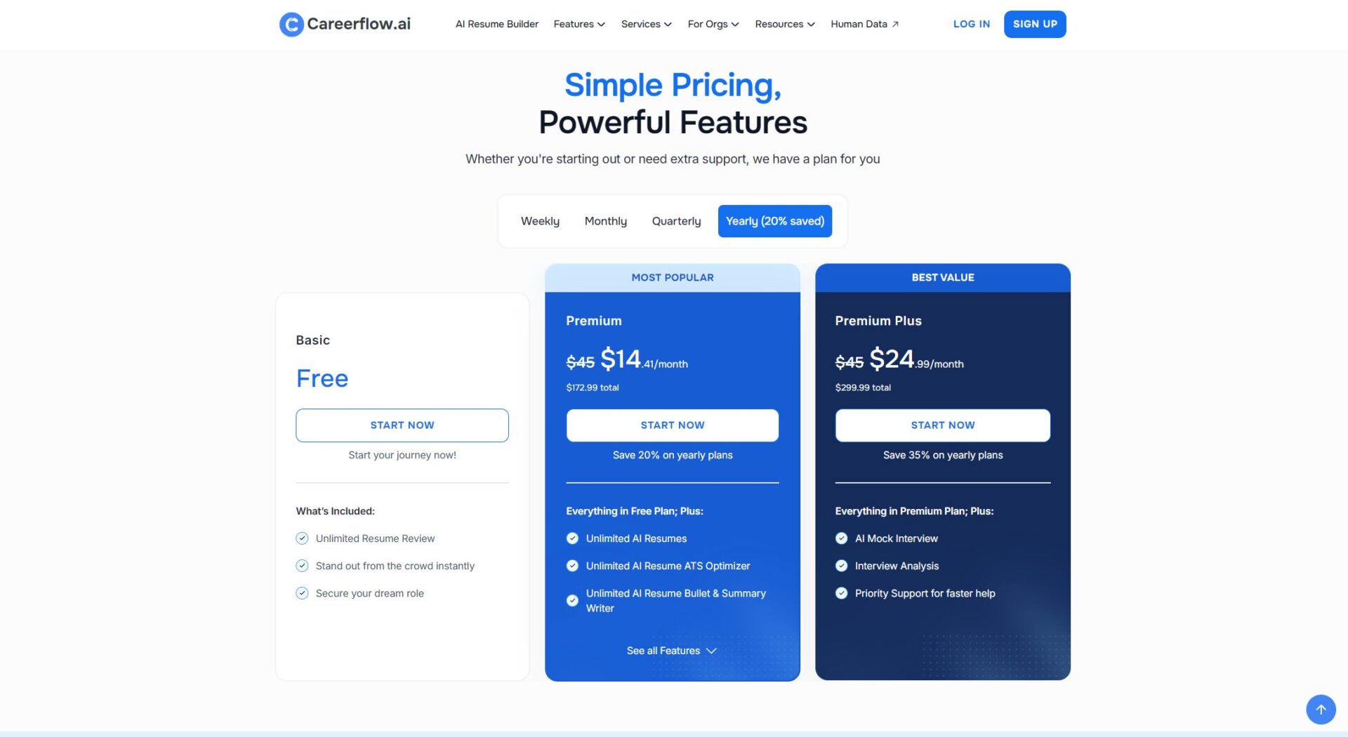 careerflow.ai价格方案页
