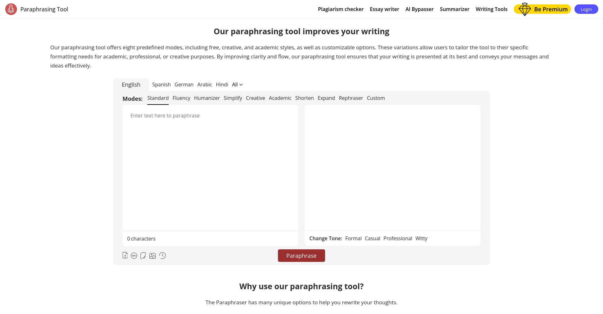 Paraphrasing Tool网站界面