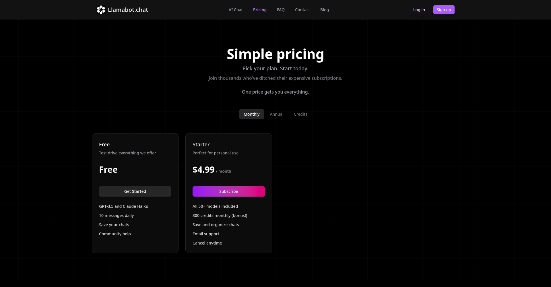 LLAMABOT 价格方案页面截图