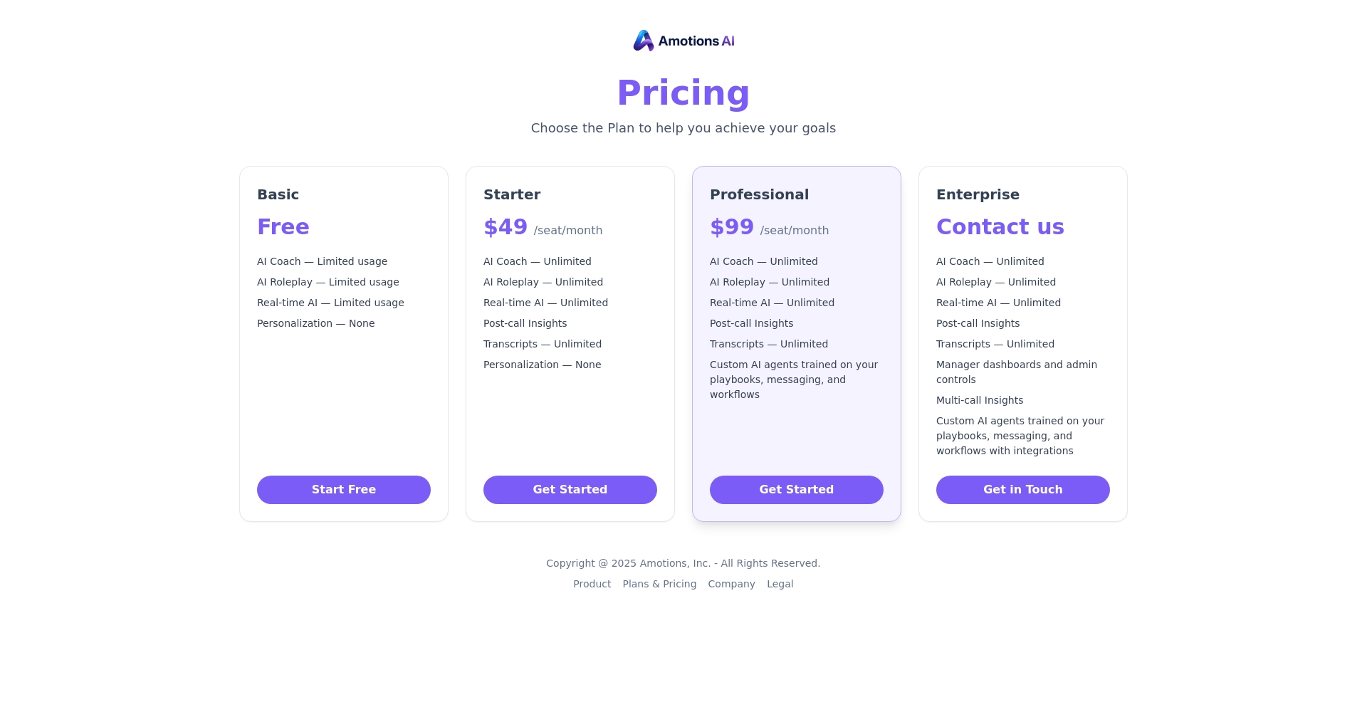 Amotions Inc定价方案页面截图